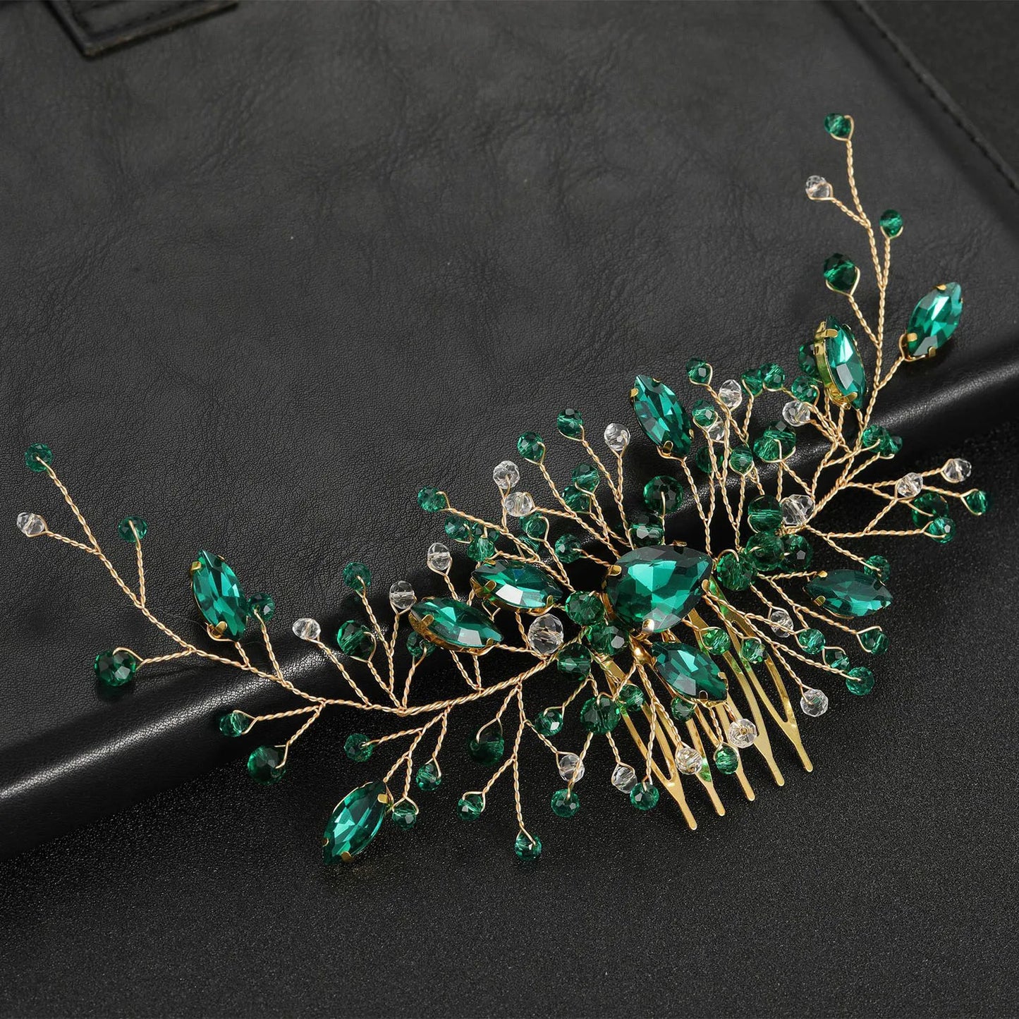 Delicate Women's Rhinestone Encrusted Hair Comb With Crystal Flowers - Lovez Aqua© - Green 2