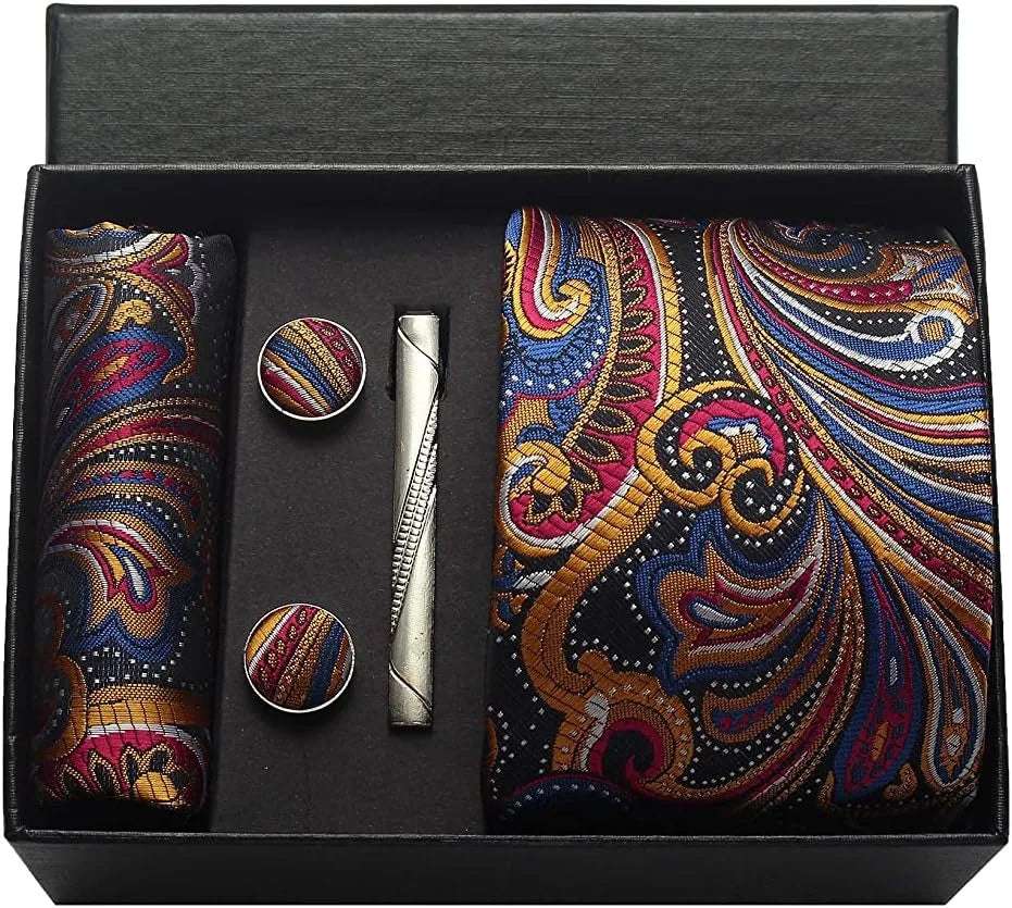 Men's Luxury Silk Paisley Floral Necktie, Pocket Square, Clip & Cufflinks Set - Lovez Aqua© - BE18