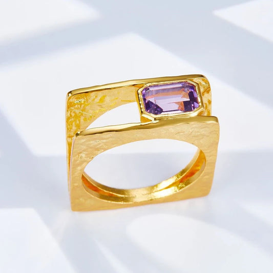 Natural Amethyst S925 Sterling Silver Unique Square Gold Plated Women's Ring - Lovez Aqua© -