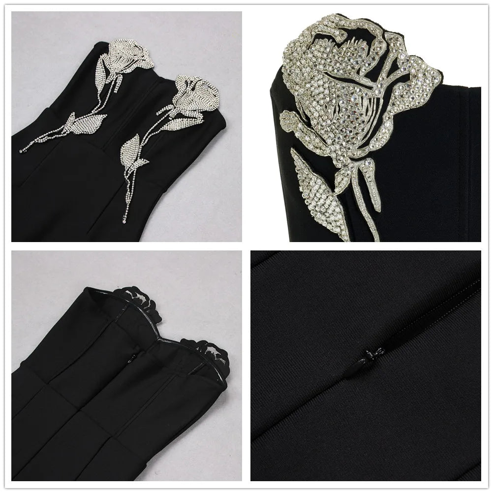Women's Black Sleeveless Bodycon Maxi Dress with High Slit & Rhinestone Roses - Lovez Aqua© -