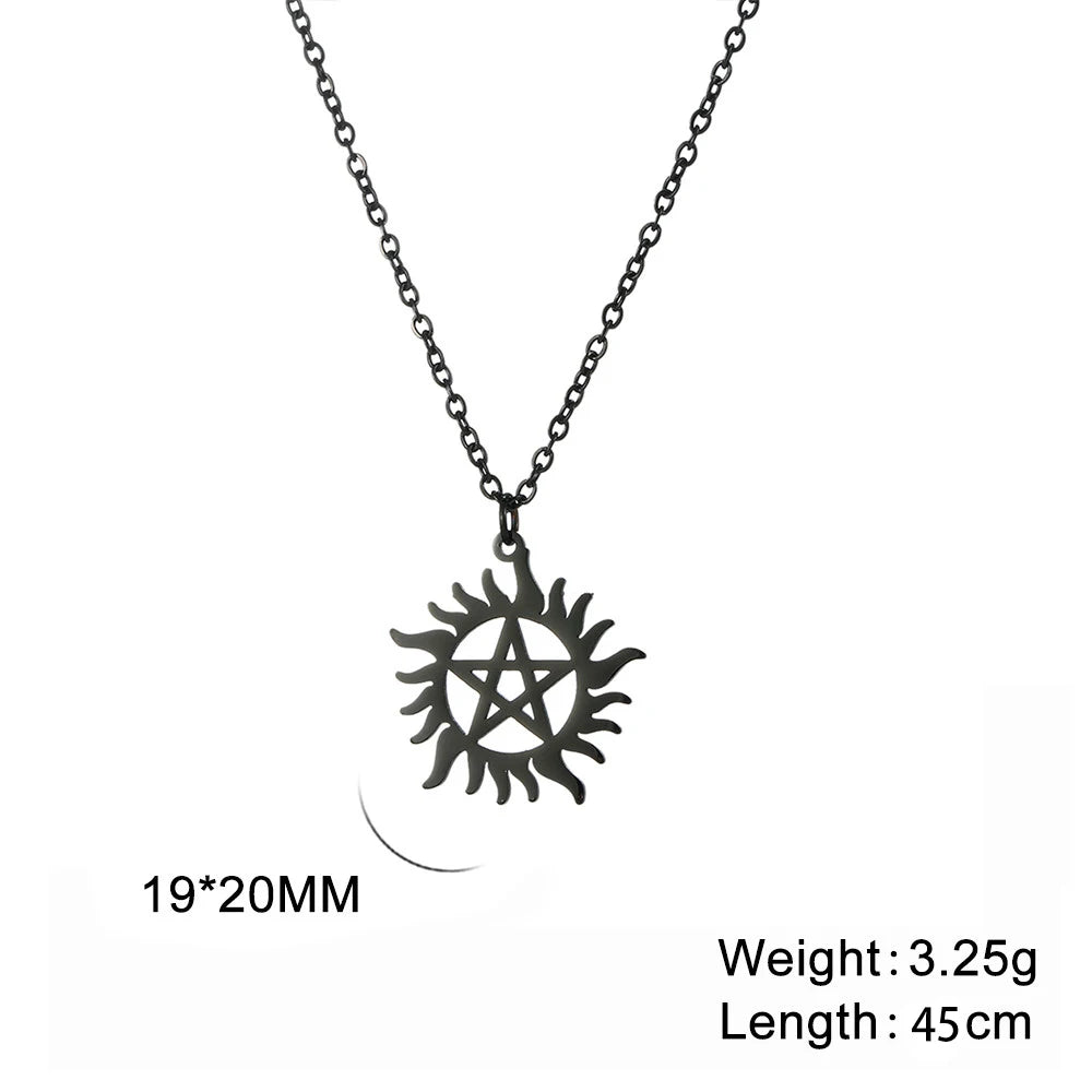 Supernatural Stainless Steel Shining Sun Pentagram Pendant Necklace - Supernatural - Black - Women
