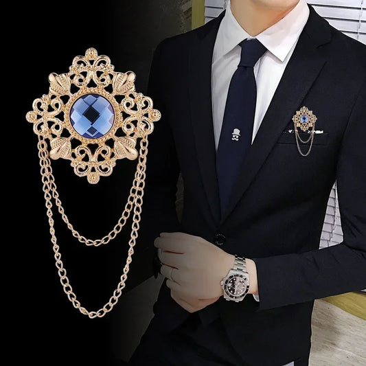 Men's Retro Baroque Style Crystal Brooch Vintage Tassel Chain Brooch - Lovez Aqua© -