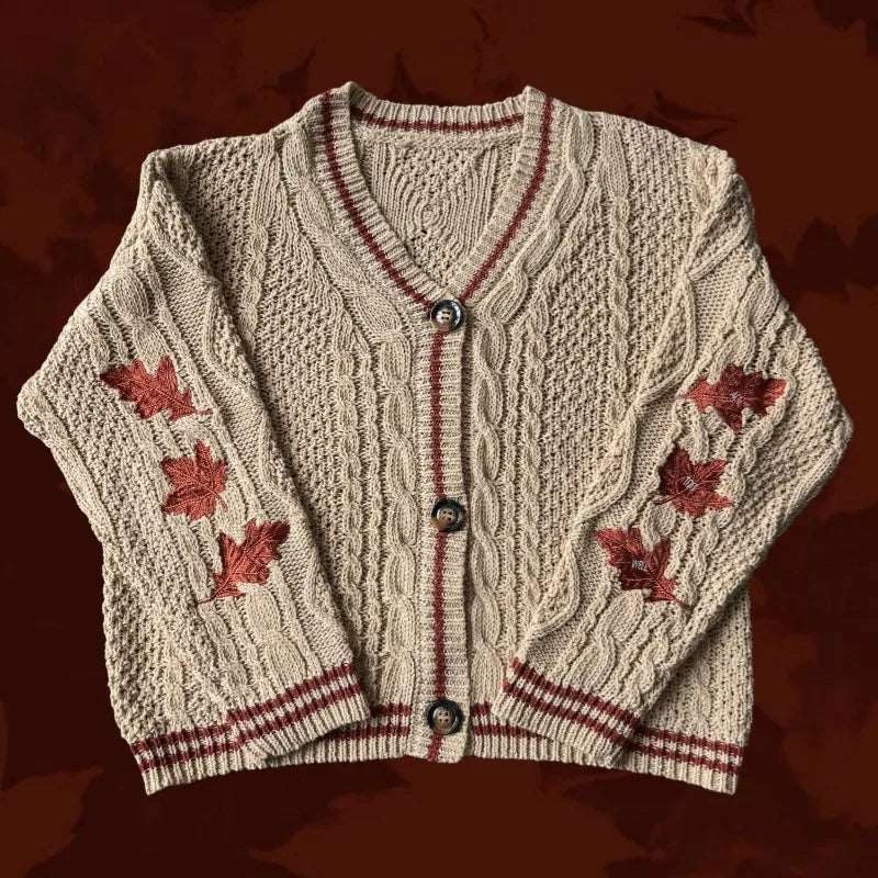 Taylor Swift Folklore Embroidered Autumn Leaves Knitted Beige Women's Cardigan - Lovez Aqua© - S