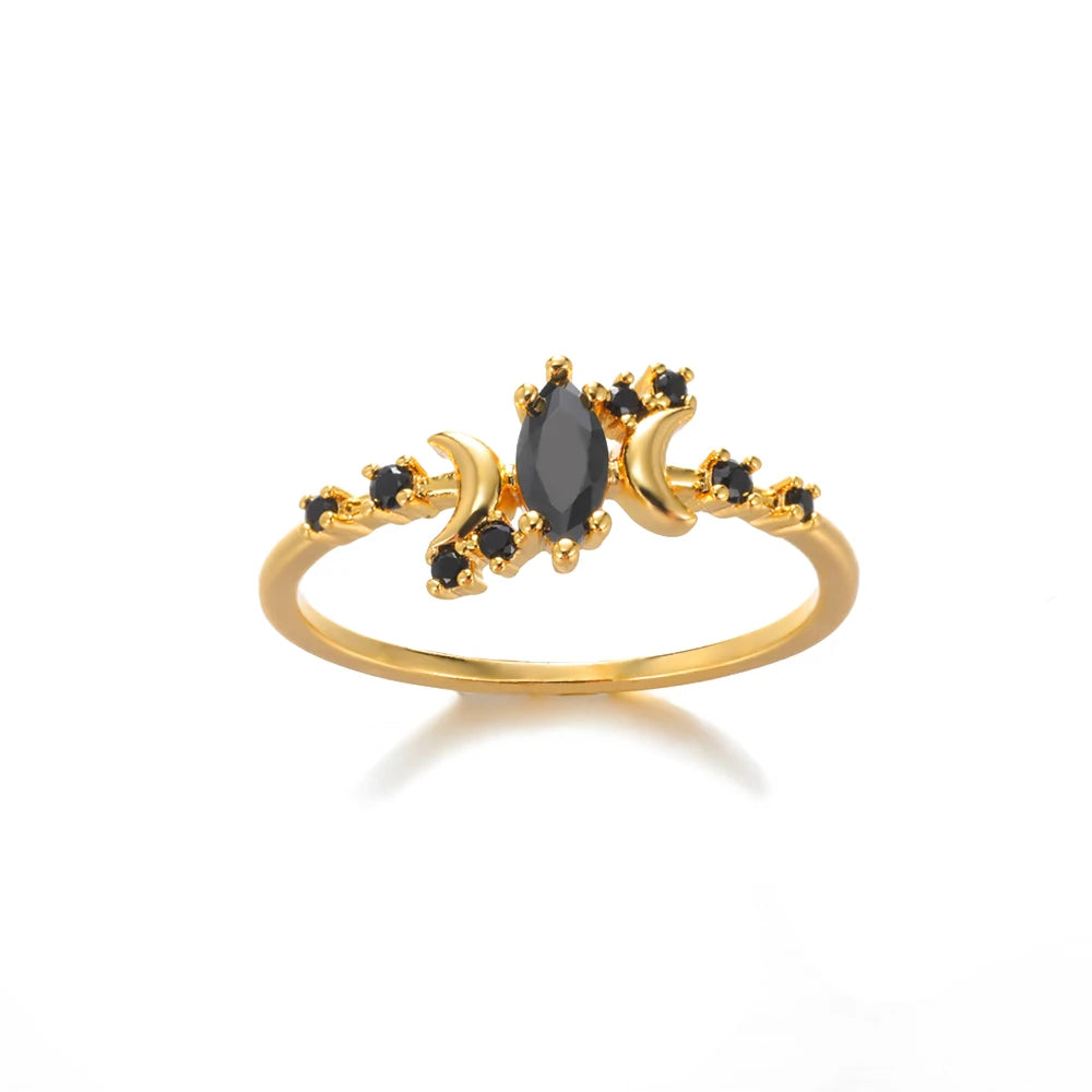 Women's Black Zircon & Stainless Steel Half Moon Ring With Embellishments - Lovez Aqua© - Gold