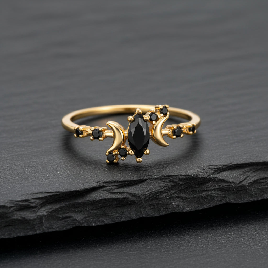 Women's Black Zircon & Stainless Steel Half Moon Ring With Embellishments - Lovez Aqua© - Gold