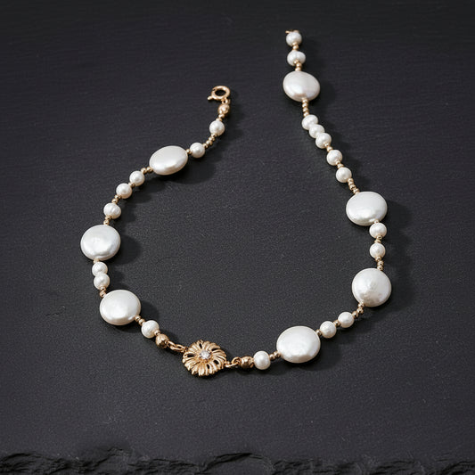 Women's 18K Gold-Plated Vermeil Baroque Flower & Natural Pearl Necklace - Lovez Aqua© -