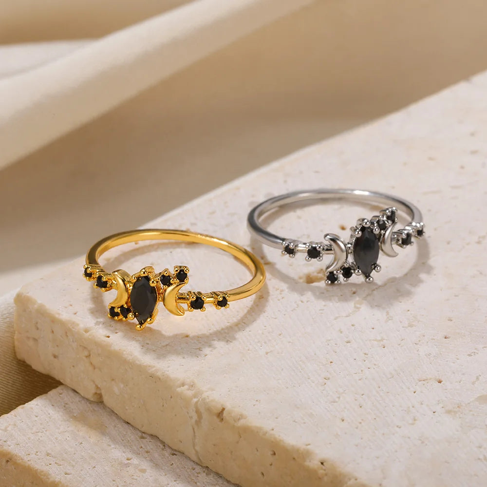 Women's Black Zircon & Stainless Steel Half Moon Ring With Embellishments - Lovez Aqua© -