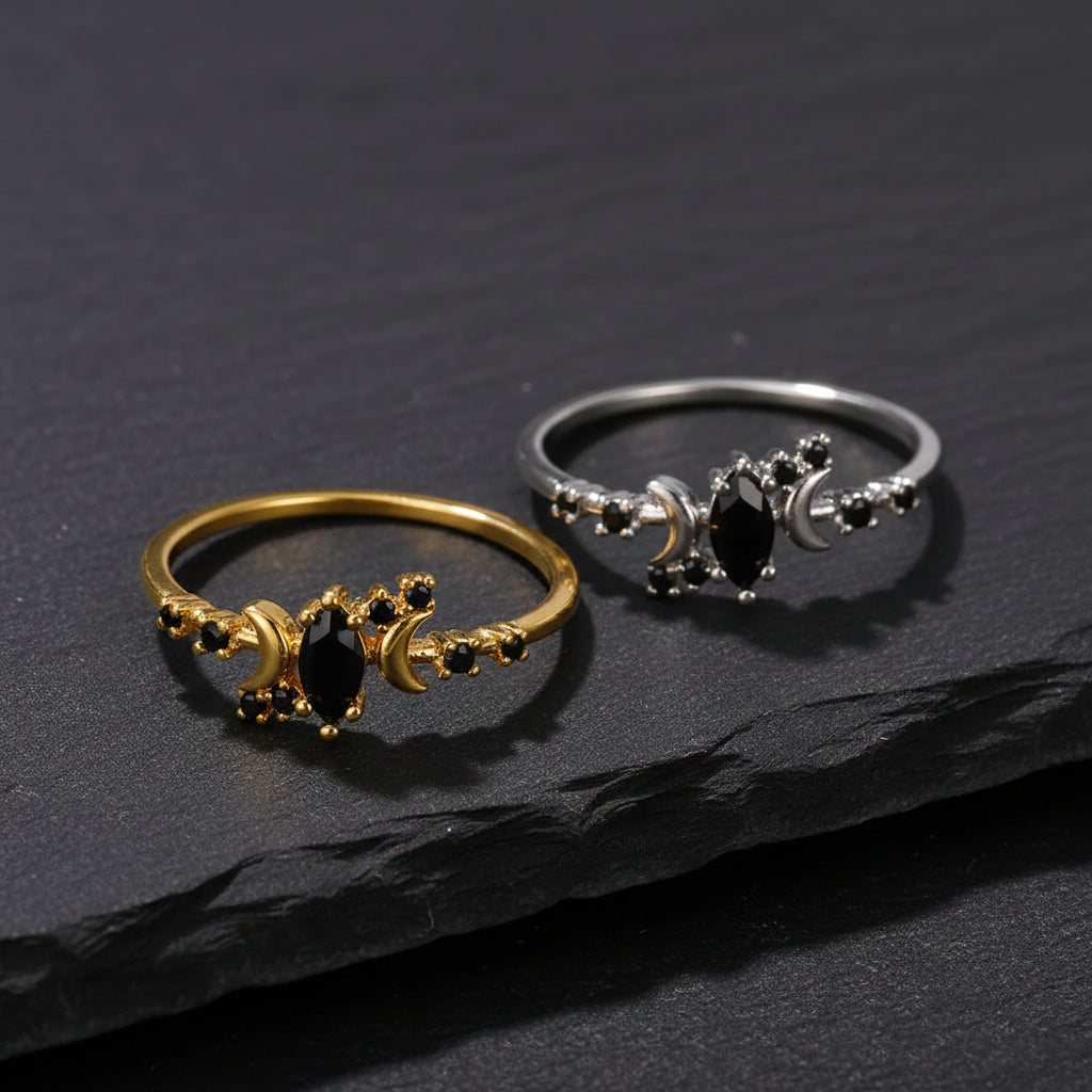 Women's Black Zircon & Stainless Steel Half Moon Ring With Embellishments - Lovez Aqua© -