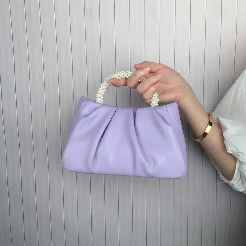 Elegant Classic Ruffled Faux Leather Handbag with Pearl Handle - Lovez Aqua© - Purple