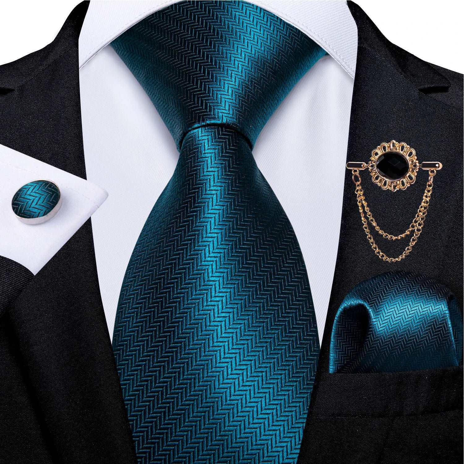 Men's Teal & Aqua Blue Silk Necktie, Handkerchief, Brooch & Cufflinks Set - Lovez Aqua© - 6