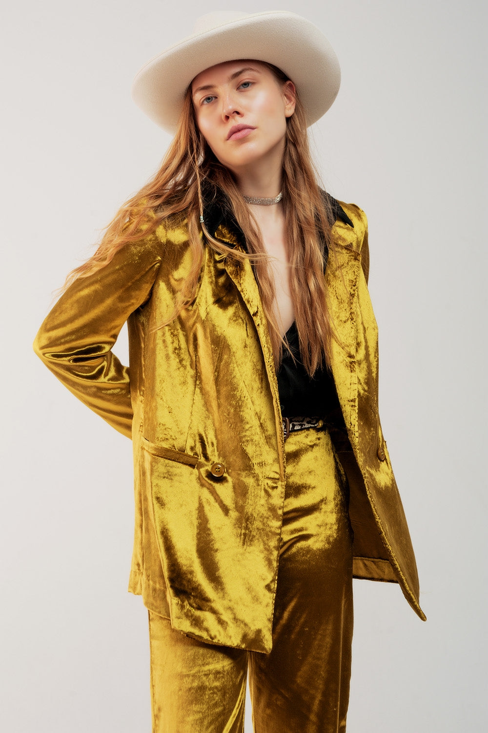 Women's Metallic Gold Velvet Oversized Long Sleeve Buttoned Blazer Jacket - Lovez Aqua© -