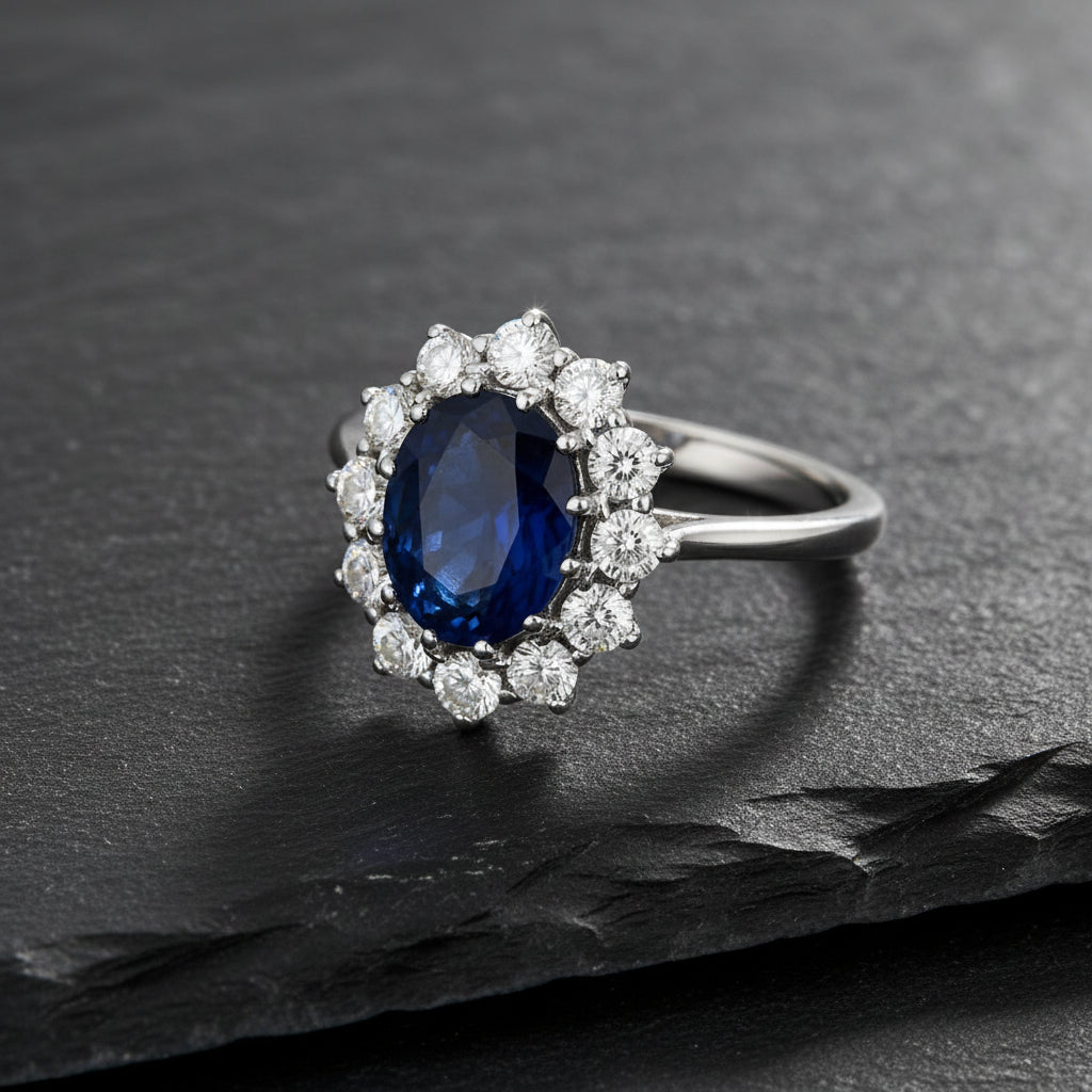 Princess Diana 14K White Gold Oval Blue Sapphire & Diamond Accented Ring - Lovez Aqua© -