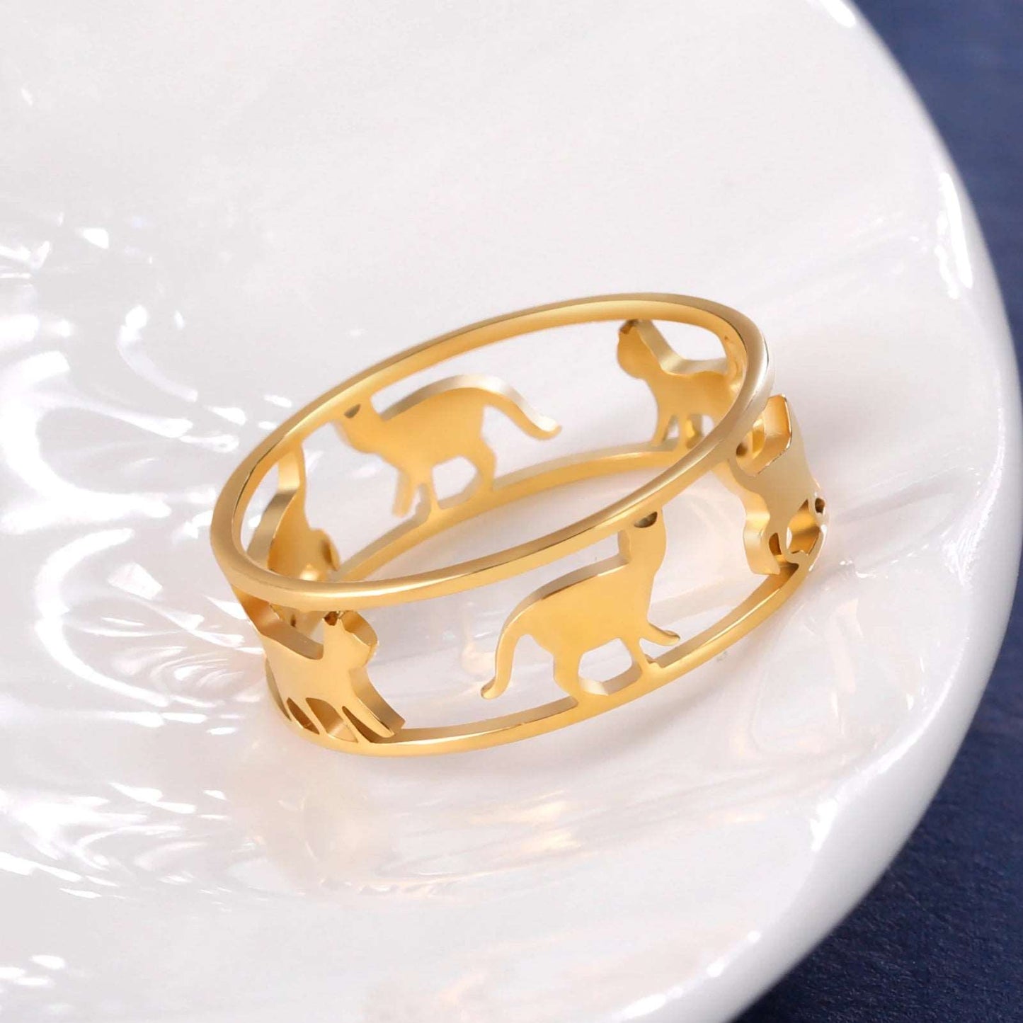 Women's Stainless Steel Gold or Silver Cute Cutout Feline Cats Ring - Lovez Aqua© -