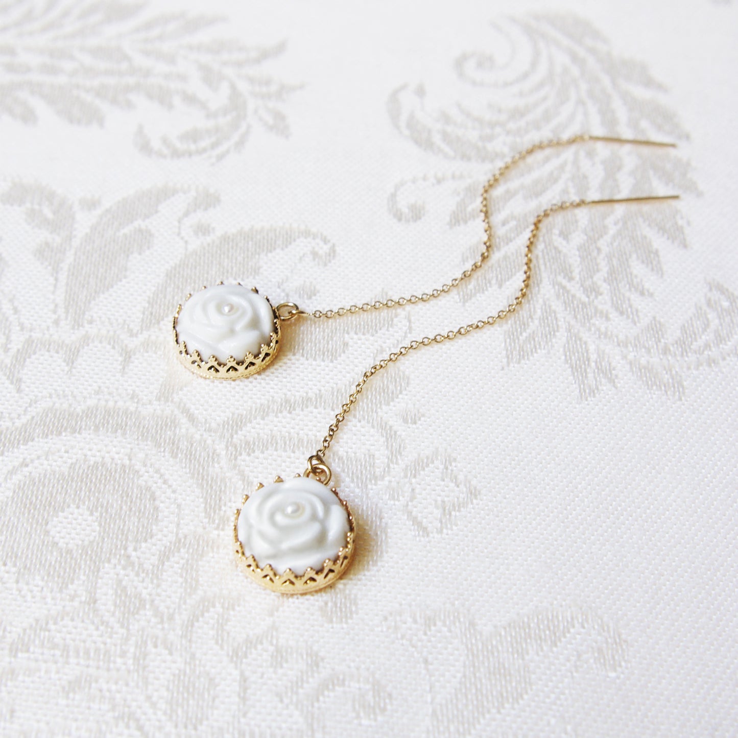 Women's White Porcelain Rose Gold-Filled Chain Earrings with Pearl Embellishment - Lovez Aqua© -