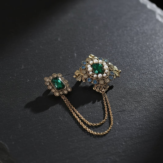 Men's Baroque Gold-Plated Tassel Chain Brooch with Emerald Green Gemstones - Lovez Aqua© -