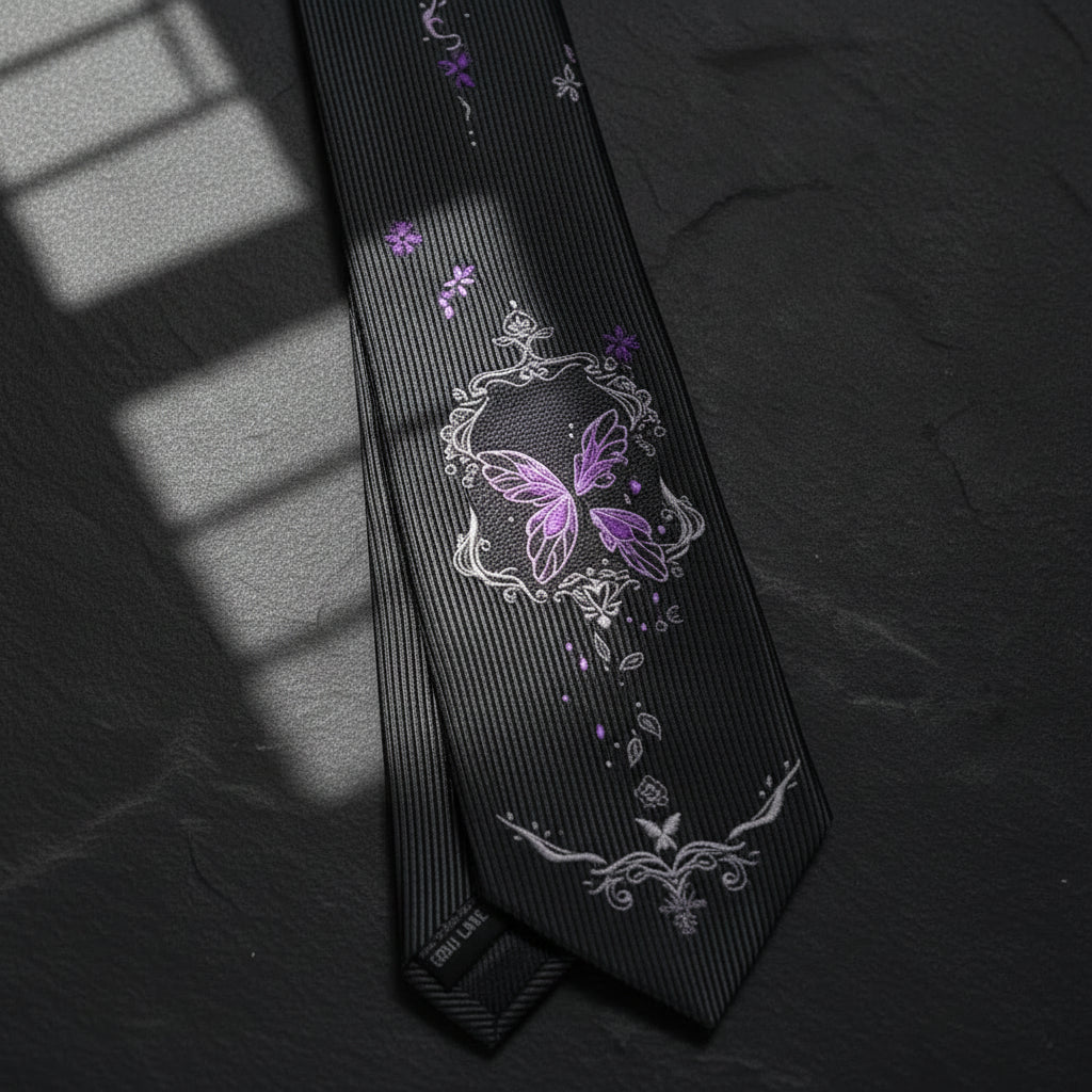 Gothic Japanese Anime Style Black & Purple Broken Butterfly Men's Necktie - Lovez Aqua© -