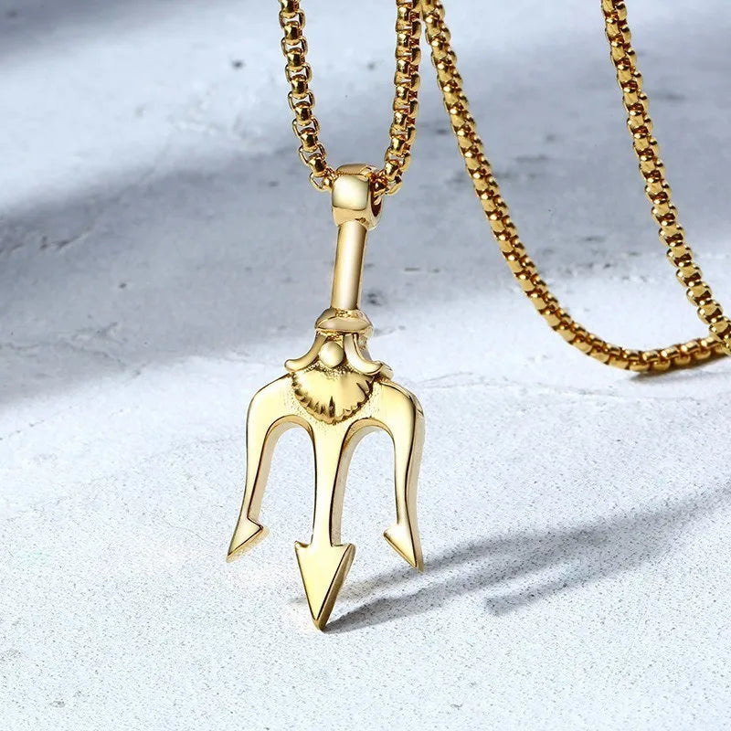 Men's Stainless Steel Punk Rock Neptune Trident Pendant Necklace - Lovez Aqua© - Gold Big / 60cm