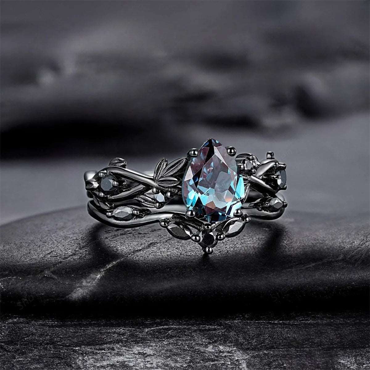 Gothic Black Gold Blue Waterdrop Zircon Rings with Black Rhinestone (2 Pieces) - Lovez Aqua© -