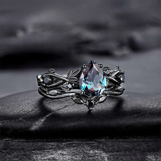Gothic Black Gold Blue Waterdrop Zircon Rings with Black Rhinestone (2 Pieces) - Lovez Aqua© -