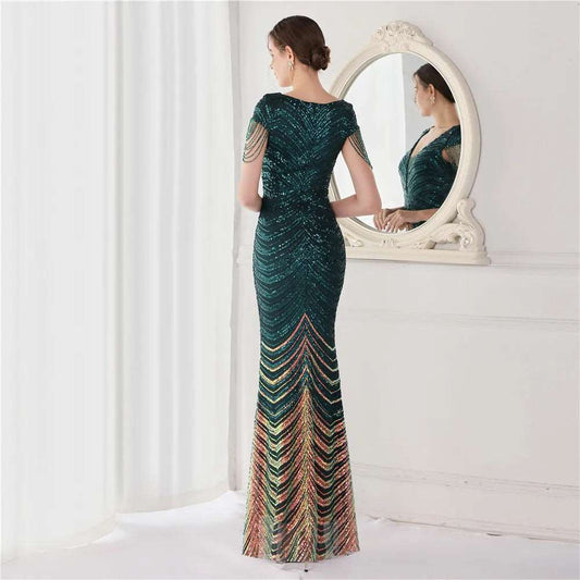 Women's Sequined Mermaid Evening Dress With Fringe Cap Sleeves - Lovez Aqua© -
