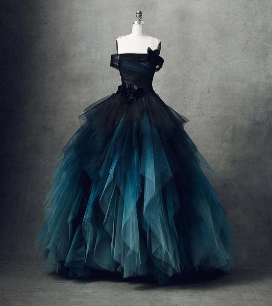 Women's Dark Blue Ombre Tulle Sleeveless Layered Fantasy Evening Ball Gown - Lovez Aqua© -