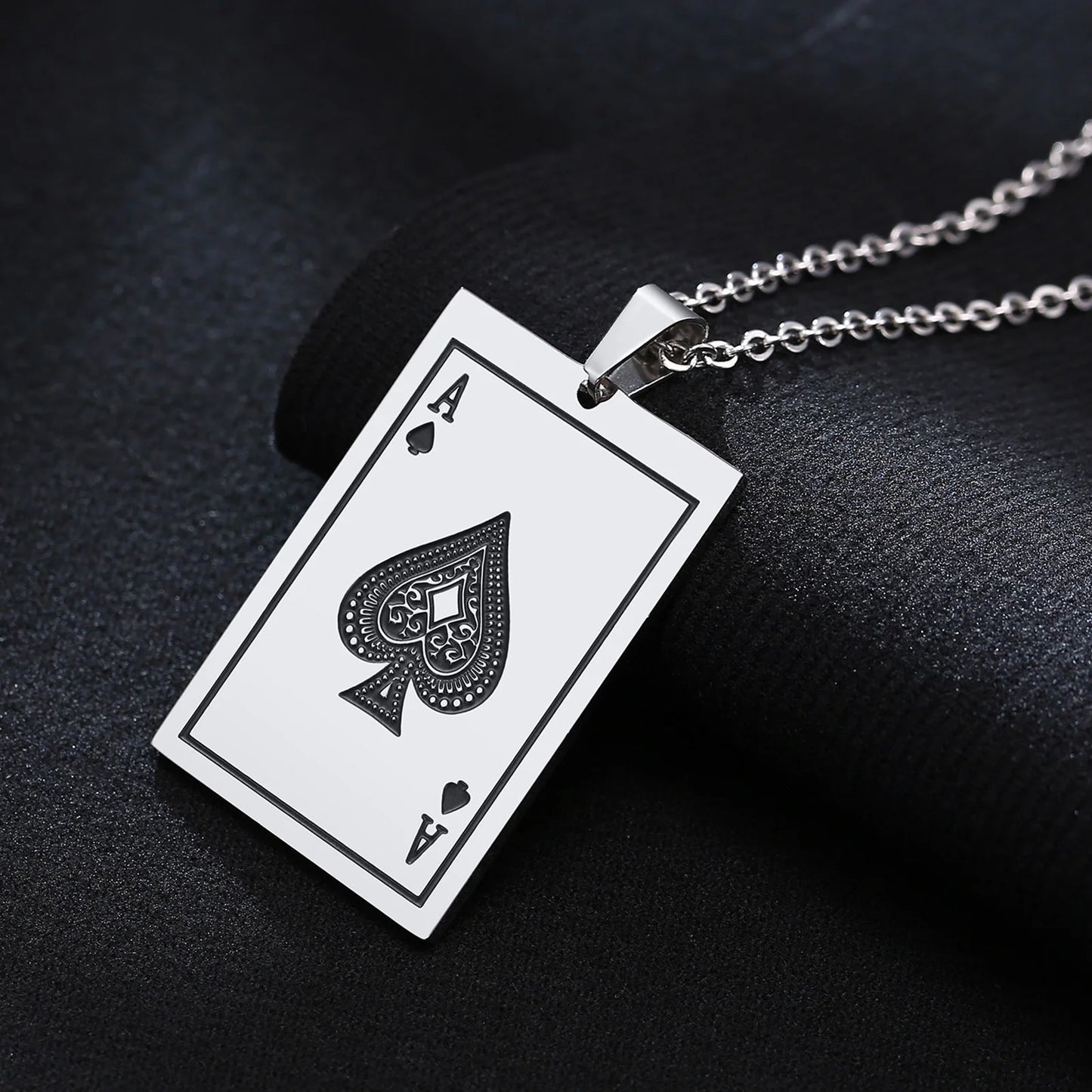 Men's Ace of Spades Poker Card Stainless Steel Dog Tag Necklace - Lovez Aqua© - Silver / 60cm 24inch