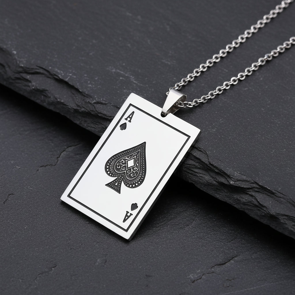Men's Ace of Spades Poker Card Stainless Steel Dog Tag Necklace - Lovez Aqua© - Silver / 60cm 24inch
