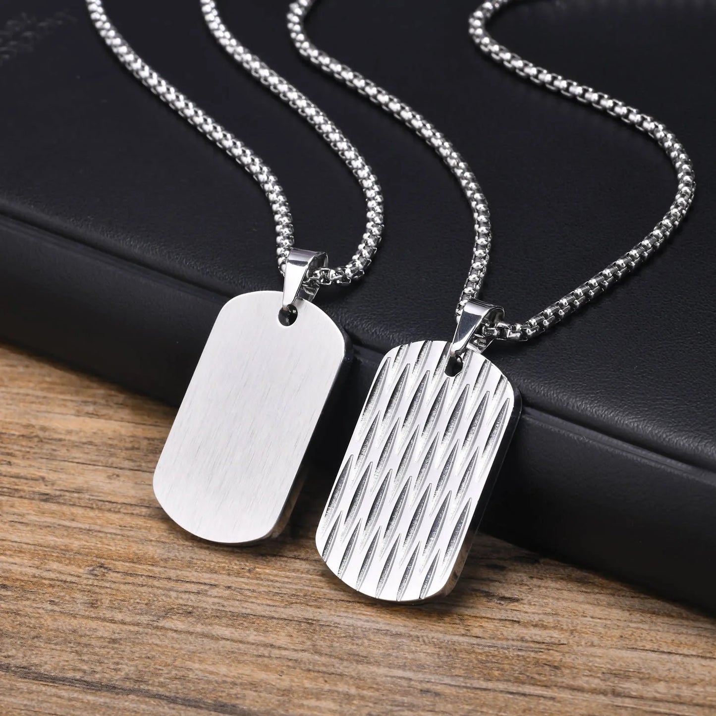 Men's Stainless Steel Patterned Rectangle Dog Tag Box Chain Necklace - Lovez Aqua© - 4 / 50cm