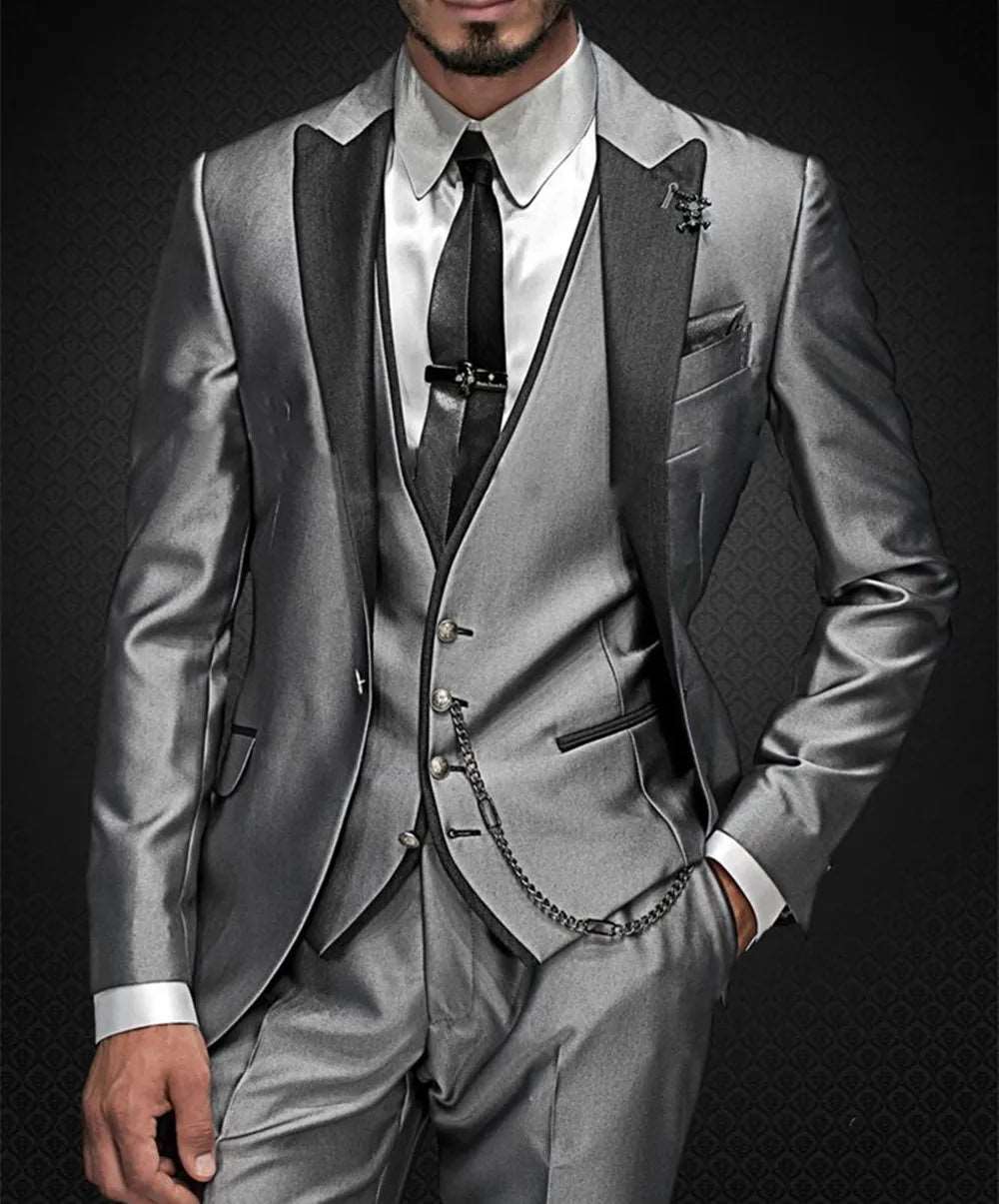 Men's Shiny Metallic Embroidered 3 Piece Suit Set (Jacket, Pants & Vest) - Lovez Aqua© - Gray 2 / XS