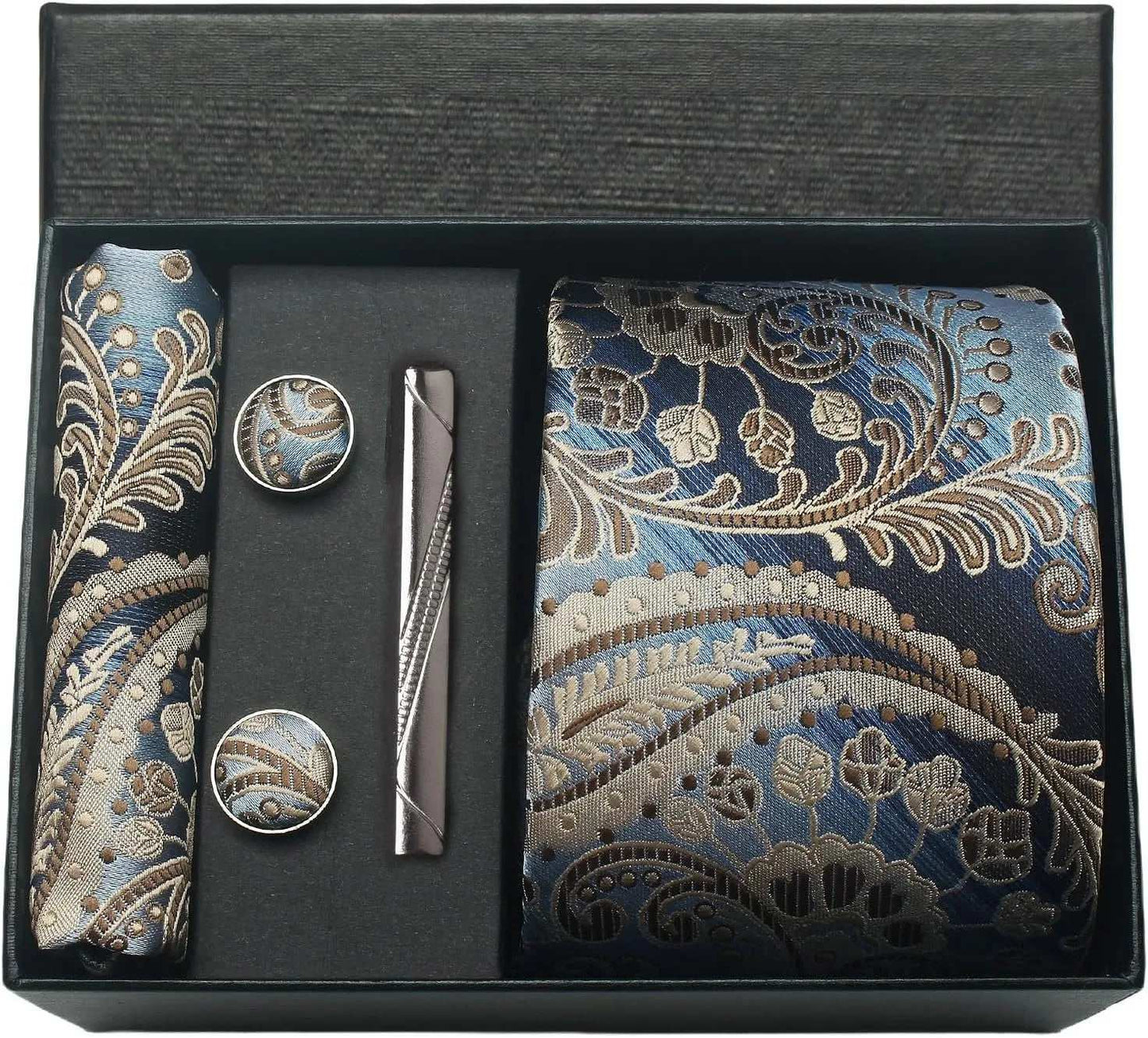 Men's Luxury Silk Paisley Floral Necktie, Pocket Square, Clip & Cufflinks Set - Lovez Aqua© - BP12