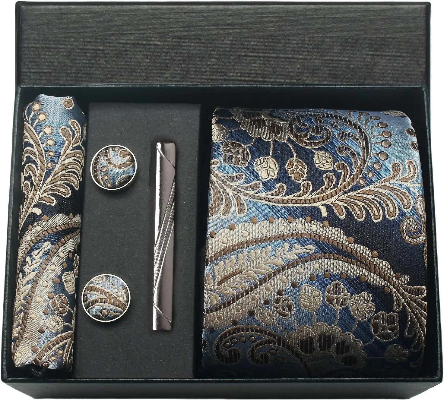 Men's Luxury Silk Paisley Floral Necktie, Pocket Square, Clip & Cufflinks Set - Lovez Aqua© - BP12
