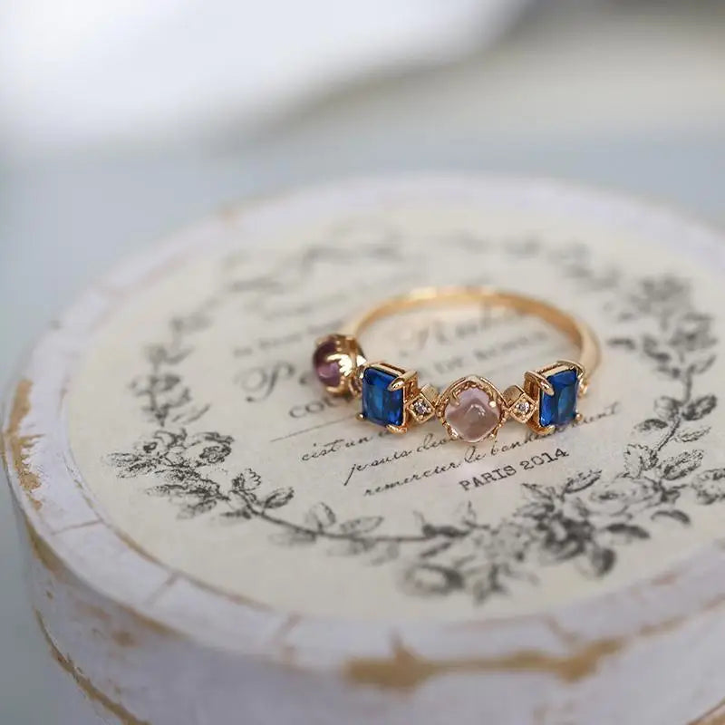 Elegant 18K Gold Plated Natural Blue & Purple Zircon Geometric Women's Ring - Lovez Aqua© -