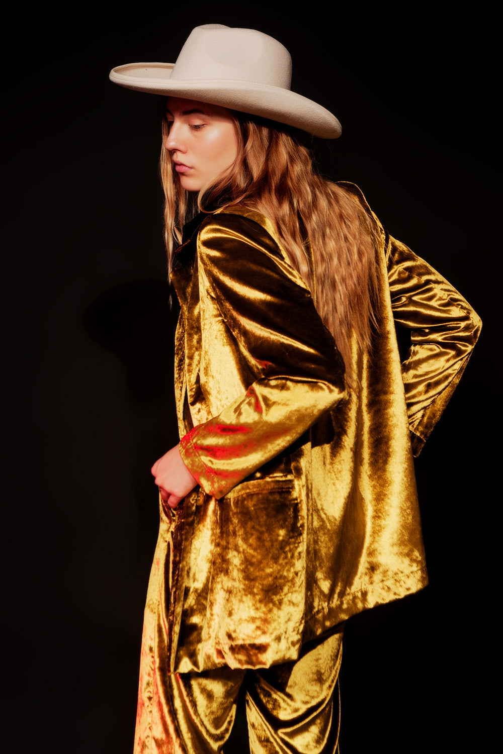Women's Metallic Gold Velvet Oversized Long Sleeve Buttoned Blazer Jacket - Lovez Aqua© -