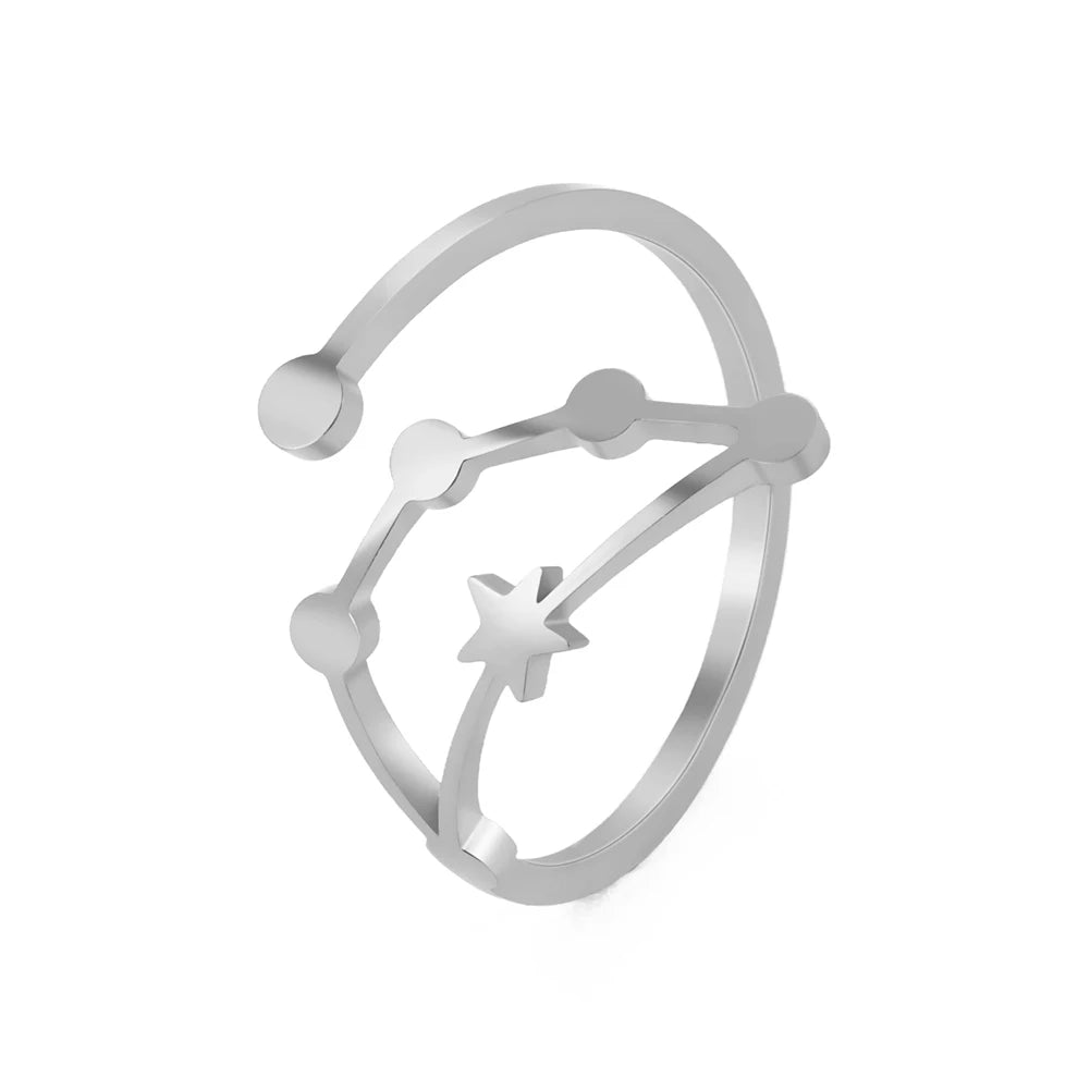 Women's Zodiac Star Signs Constellation Stainless Steel Adjustable Open Ring - Lovez Aqua© - Capricorn Steel