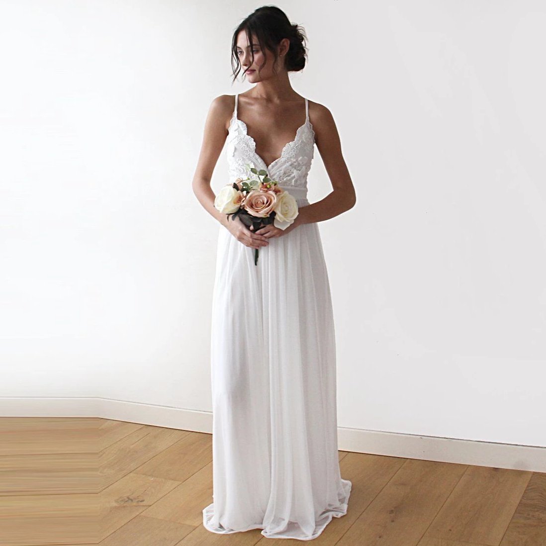 White Floral Lace Spaghetti Straps Maxi Wedding Dress with Scalloped V-Neckline - Lovez Aqua© -