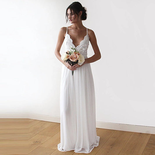 White Floral Lace Spaghetti Straps Maxi Wedding Dress with Scalloped V-Neckline - Lovez Aqua© -