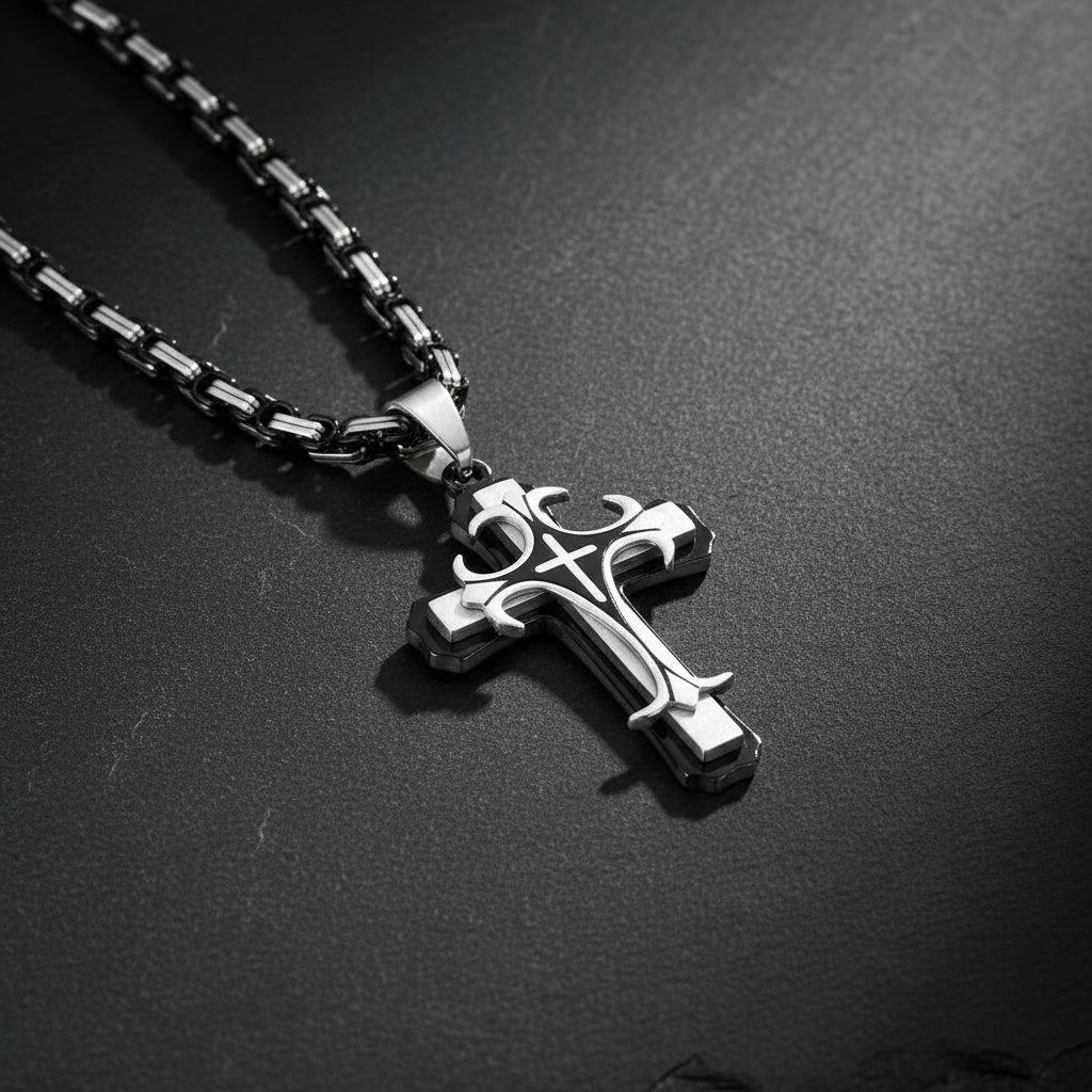 Men's Stainless Steel Religious Cross Pendant Necklace With Byzantine Chain - Lovez Aqua© -