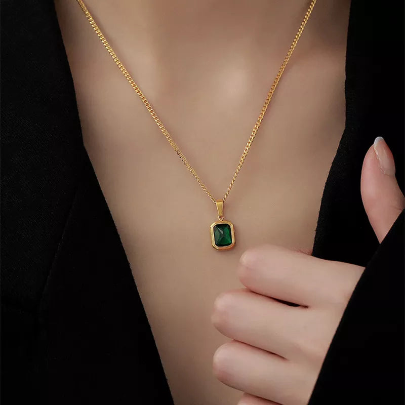Women's Elegant Gold Plated Square Emerald Green Cubic Zirconia Pendant Necklace - Lovez Aqua© -