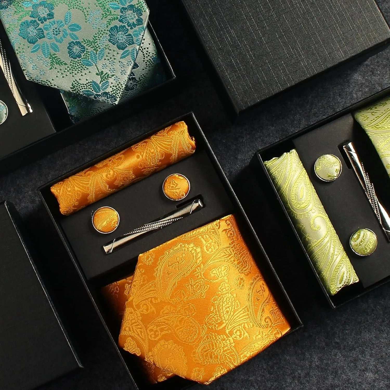 Men's Luxury Silk Paisley Floral Necktie, Pocket Square, Clip & Cufflinks Set - Lovez Aqua© -