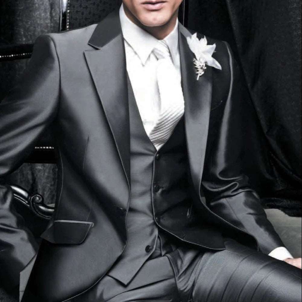 Men's Shiny Metallic Embroidered 3 Piece Suit Set (Jacket, Pants & Vest) - Lovez Aqua© - Black 3 / XS