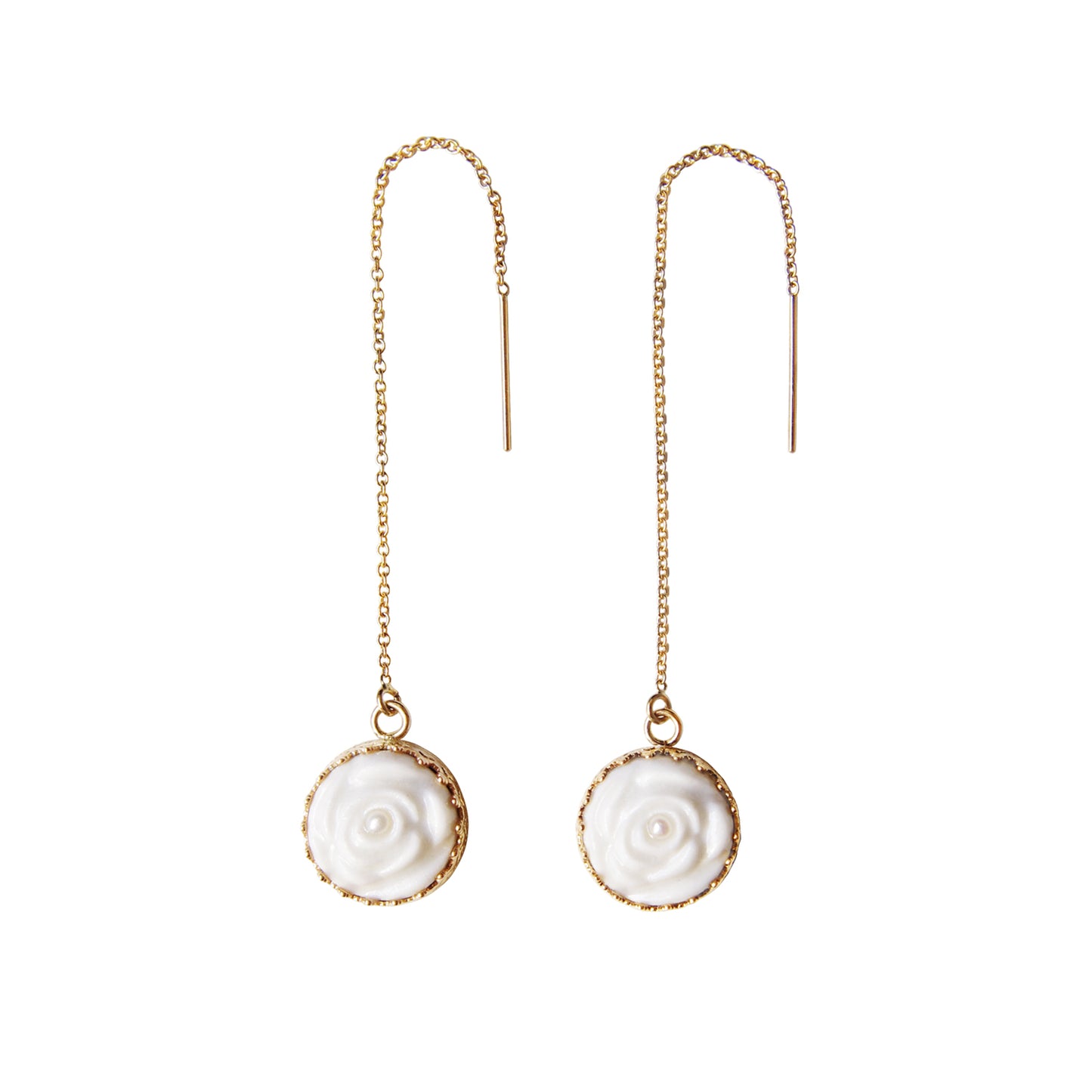 Women's White Porcelain Rose Gold-Filled Chain Earrings with Pearl Embellishment - Lovez Aqua© -