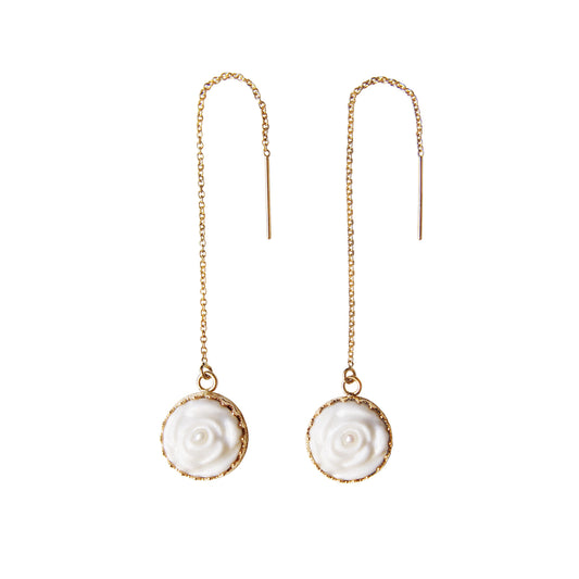 Women's White Porcelain Rose Gold-Filled Chain Earrings with Pearl Embellishment - Lovez Aqua© -