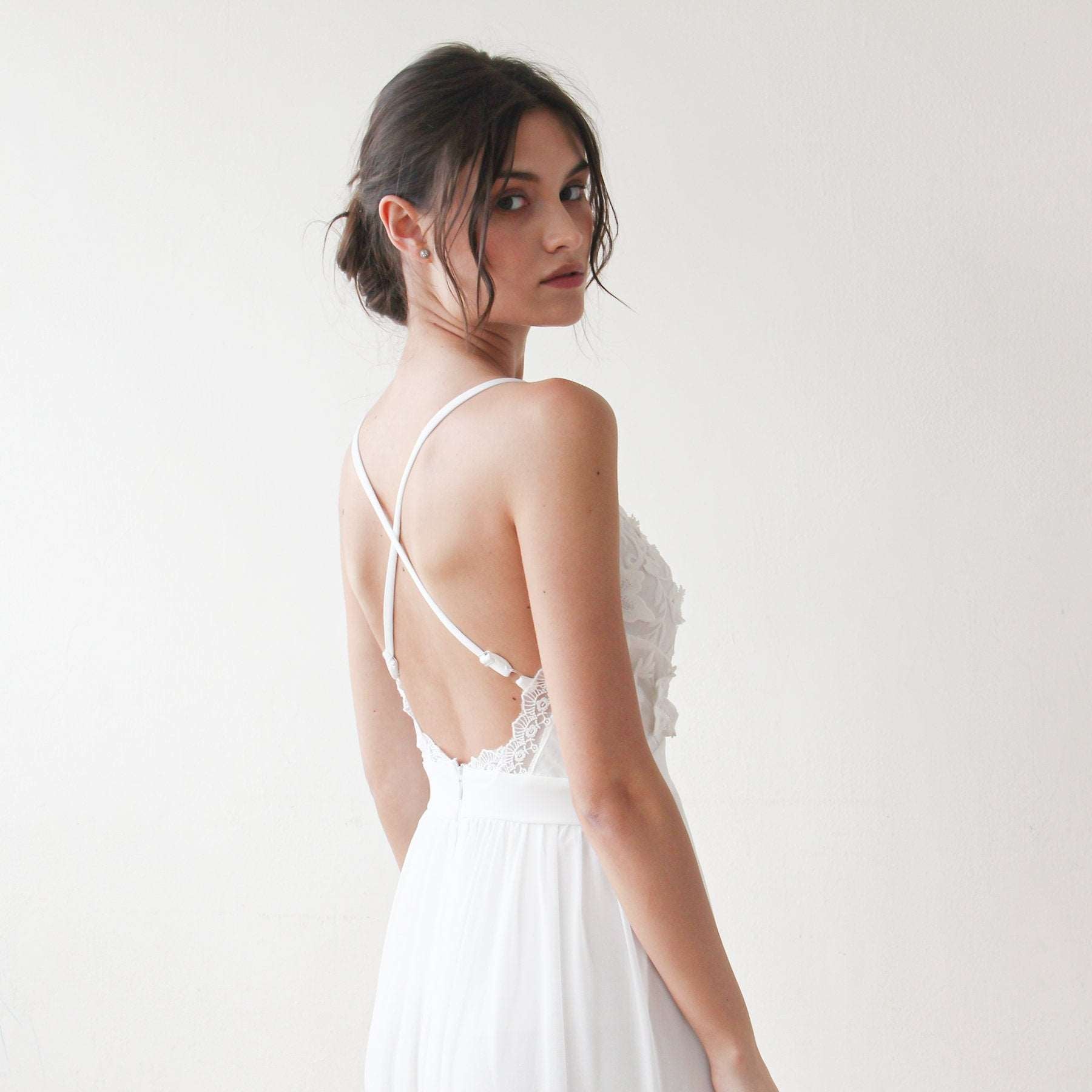 White Floral Lace Spaghetti Straps Maxi Wedding Dress with Scalloped V-Neckline - Lovez Aqua© -