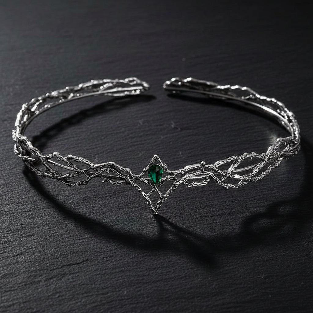 Lord of the Rings Elven King Thrandiul Delicate Elvish Waterdrop Crystal Crown - Lord of the Rings - Silver Green