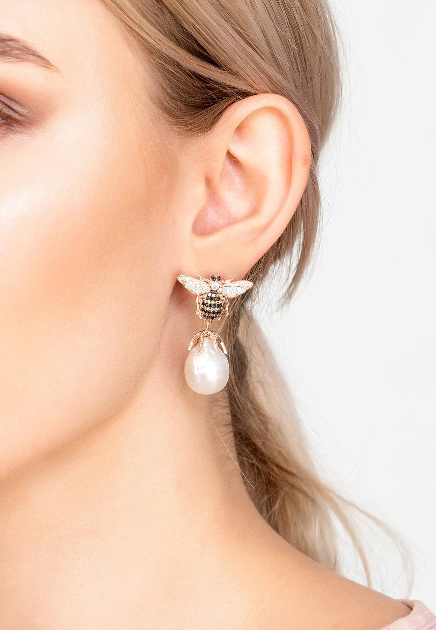 Women's Rose Gold & Baroque Pearl Honey Bee Drop Earrings - Lovez Aqua© -