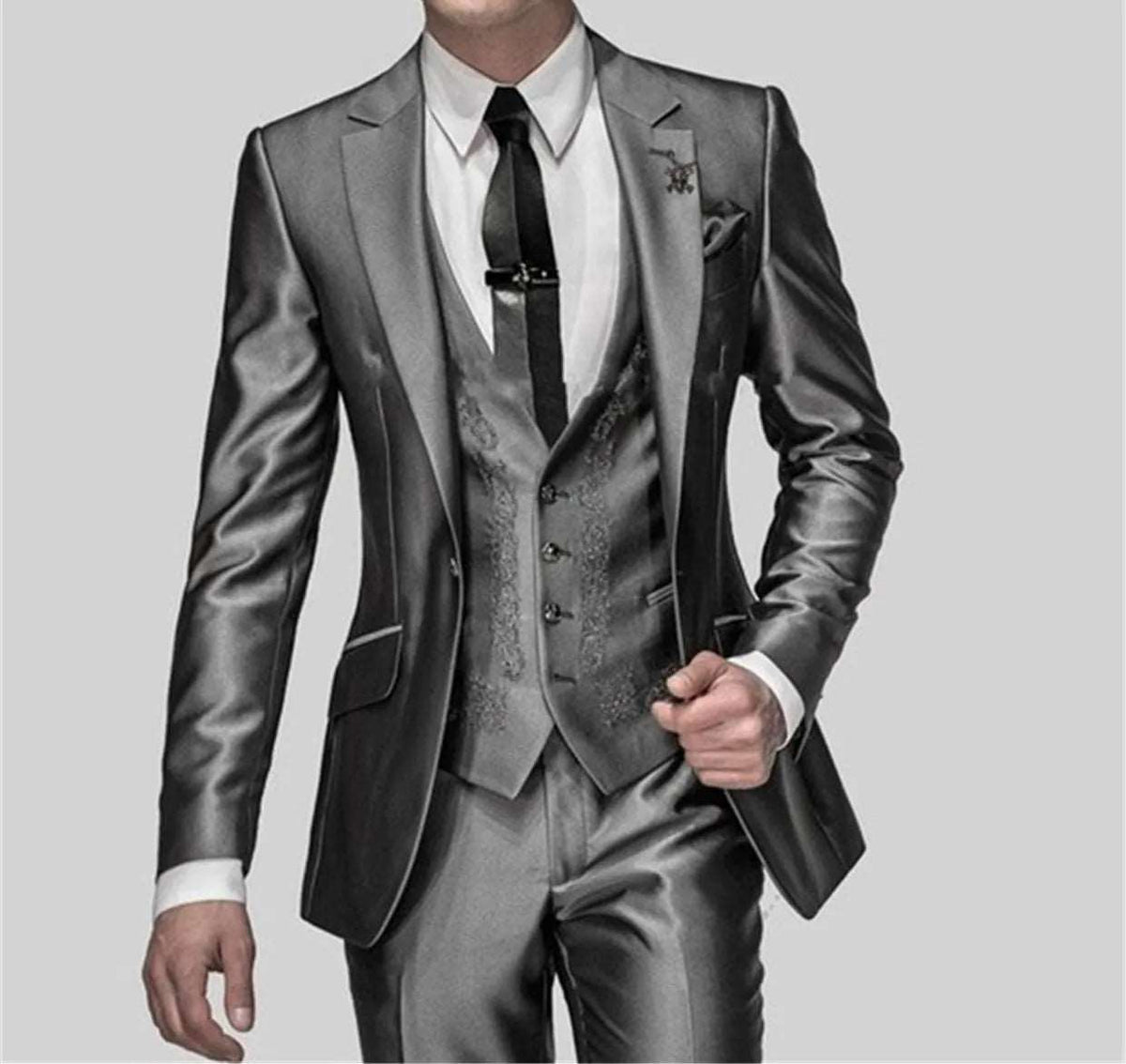 Men's Shiny Metallic Embroidered 3 Piece Suit Set (Jacket, Pants & Vest) - Lovez Aqua© -