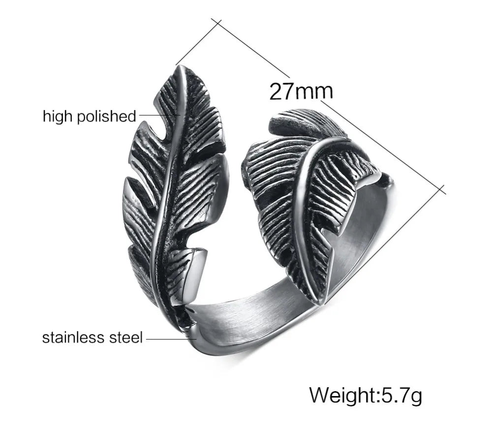 Men's Retro Antique Vintage Stainless Steel Feather Ring - Lovez Aqua© -