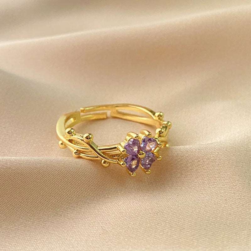 Elegant Gold Plated Ring with Marquise-Cut Amethyst Flower & Twisted Band - Lovez Aqua© -