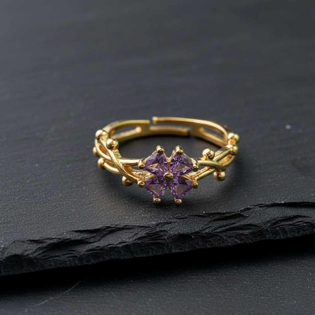Elegant Gold Plated Ring with Marquise-Cut Amethyst Flower & Twisted Band - Lovez Aqua© -