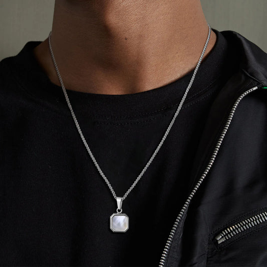 Men's Geometric Square Shell Pendant Necklace With Link Chain - Lovez Aqua© -